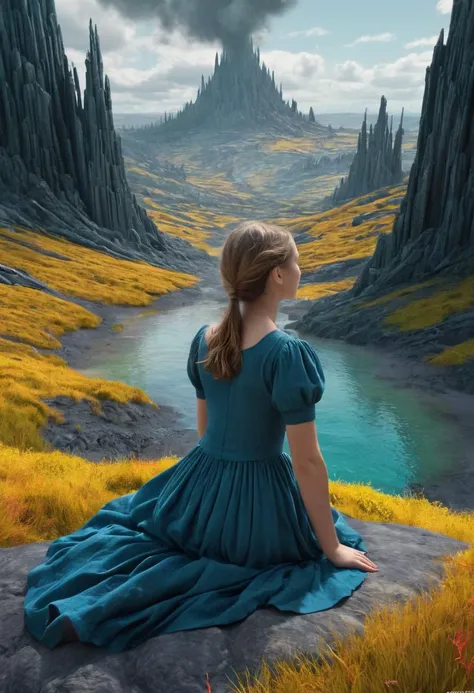 19 years old young woman, abstract landscape, energizing, colorful, artistic expression, nostalgic, monumental,  aesthetic, very inspirational, arthouse, detailed, colorized photograph, artstation, cgsociety, by Gustave Dore, octane render