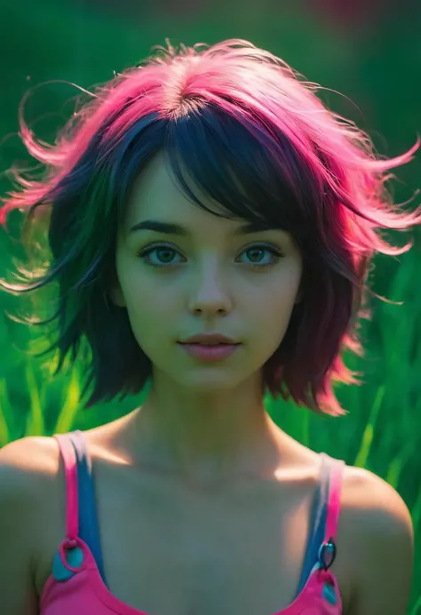 whimsical photograph of a seemly a perfect 10 underdeveloped 18 years old young woman, put, happy, colorful, playful, hope, Grass Green, Neon Pink, Midnight Green, backlighting, abstract,  ilya kuvshinov, octane render, art by pete mohrbacher and nixeu and...