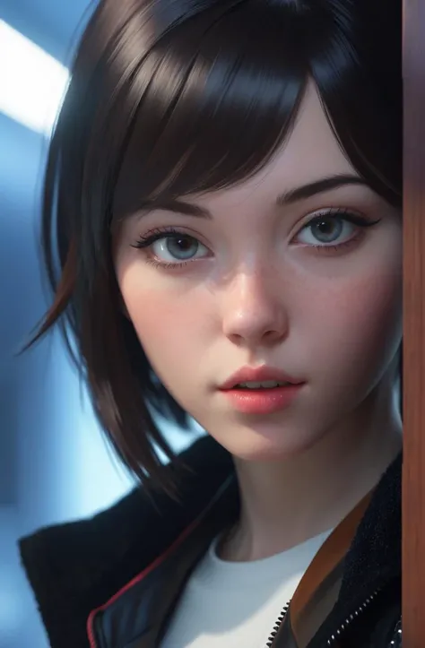 shy and embrassed young woman, peeking,  ilya kuvshinov, symmetrical face, artgerm, dim volumetric lighting, greg rutkowski, hyperdetailed, 8 k realistic, symmetrical, frostbite 3 engine, cryengine, dof, trending on artstation, digital art, chanel