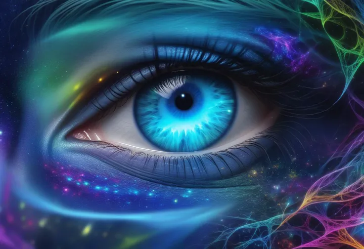 a close up of a person's eye with a colorful background