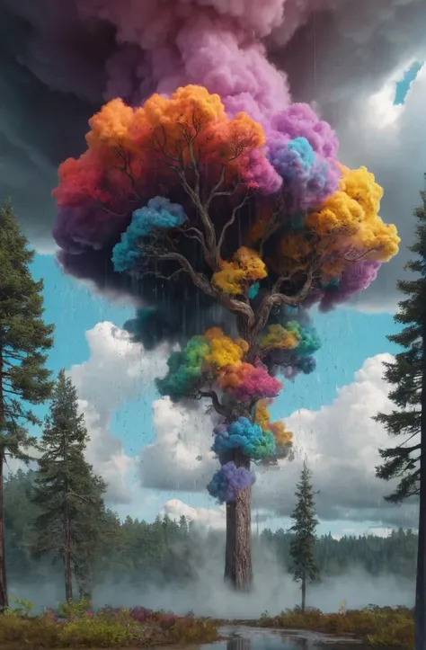 wacky, colorful, crazy, abstract, epic, vibrant,  smoke, gaint, clouds, rain, wet, trees, porcelain, fractal, amazing composition, cinematic lighting, trending on artstation, greg rutkowski very coherent symmetrical artwork, cinematic, hyper realism, high ...