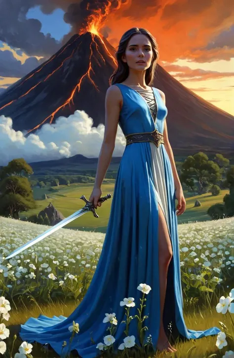 a scary scene,  woman in a long dress holding a sword standing in a field of white flowers, skulls, volcano in the background, night time, god rays, highly detailed oil painting, unreal 5 render, rhads, Bruce Pennington, Studio Ghibli, tim hildebrandt, dig...