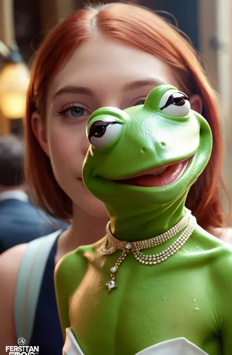 Environmental portrait, 19 years old woman, french,  kermit the frog, gorgeous, amazing, elegant, intricate, highly detailed, digital painting, artstation, concept art, sharp focus, illustration, art by Ross tran