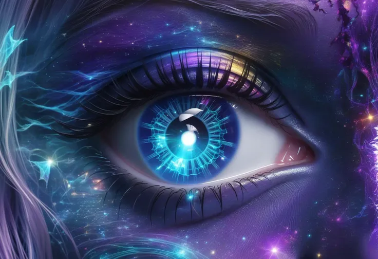 a close up of a woman's eye with a blue iris