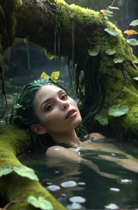 water dryad, wet, vines, plants, moss, partially submerged, hyperrealistic,  digital illustration, pale, cinematic lighting, cinematic concept art, octane render, deviantart artstation, 8k, HD