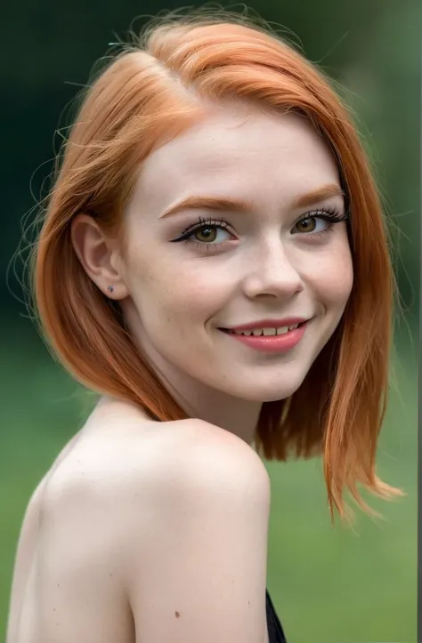 a close up of a woman with a red hair and a black dress