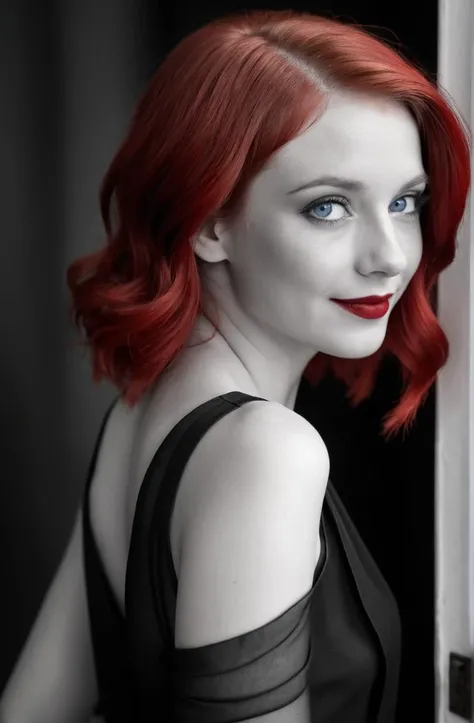 a young womens silhouette, (black and white photograph, monochrome), dark, noir, dark, noir, bright red lipstick, bright blue eyes, peeking, shy smile, 1920s, red hair highlights,  artgerm, trending on artstation