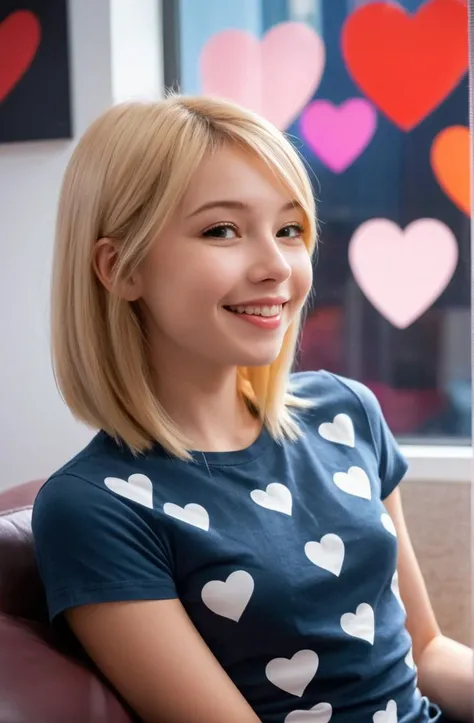 19 years old innocent cute woman in love, hearts flying, so happy, Cymro, medium blonde straight hair,  ilya kuvshinov, wearing casual clothing, small smile, small details, modern setting, pleasant, relaxing, peaceful, relaxing, relaxed, mellow, serene, pe...