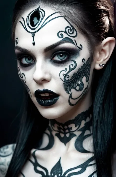 a woman with black makeup and tattoos on her face