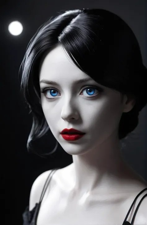 a young womens silhouette, (black and white photograph), dark, noir, dark, noir, red lipstick, blue eyes,  photorealistic, octane render, 8k, HD, by Katsuhiro Otomo and Tomoyuki Yamasaki and Tsutomu Nihei, trending on artstation, nendoroid eyes