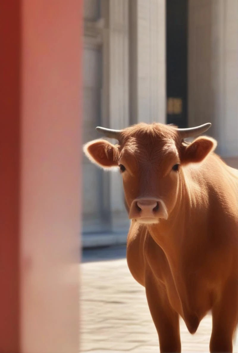 metaphysical style hyperrealistic analog film photo (perfect red heifer without any spot or blemish being led by levite priest t...