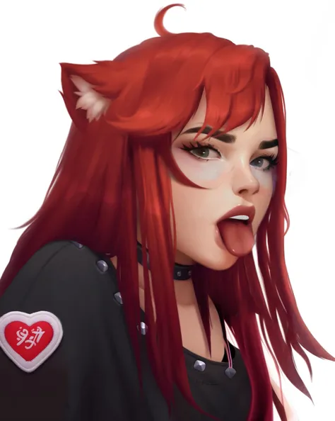 a close up of a woman with red hair and a heart patch on her face