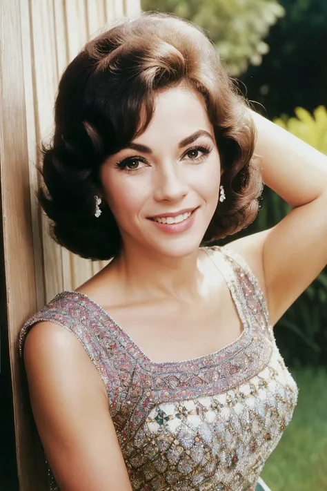 a woman in a dress posing for a picture in front of a wooden wall