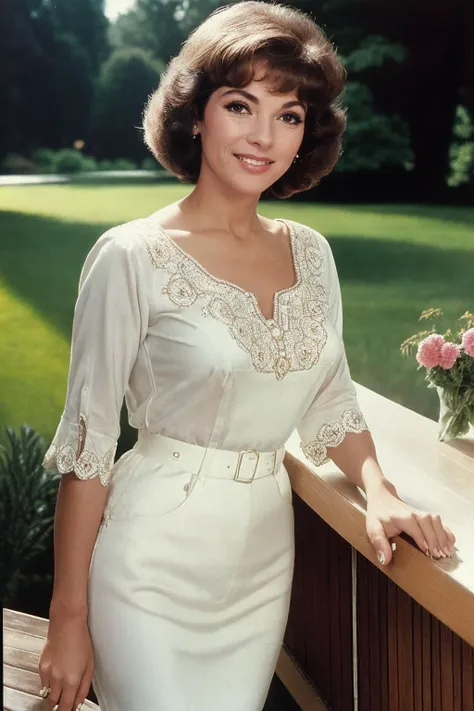 photorealistic photo of Ritmore, a middle aged woman, fine lines and wrinkles, wearing a white blouse, 1960s, 60s style, glamour, standing outdoors, outside, smiling, looking at the camera, realistic, (masterpiece:1.1), (best quality:1.1), beautiful, (intr...