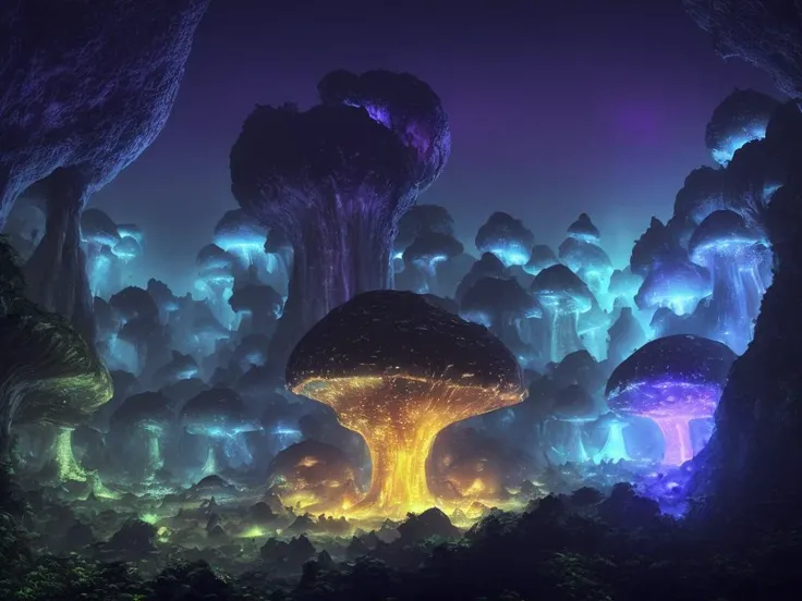 a (dark :1.4) huge cave filled with glowing high fantasy (huge mushrooms:1.2), (nighttime:1.4), trees looking like mushrooms. wi...