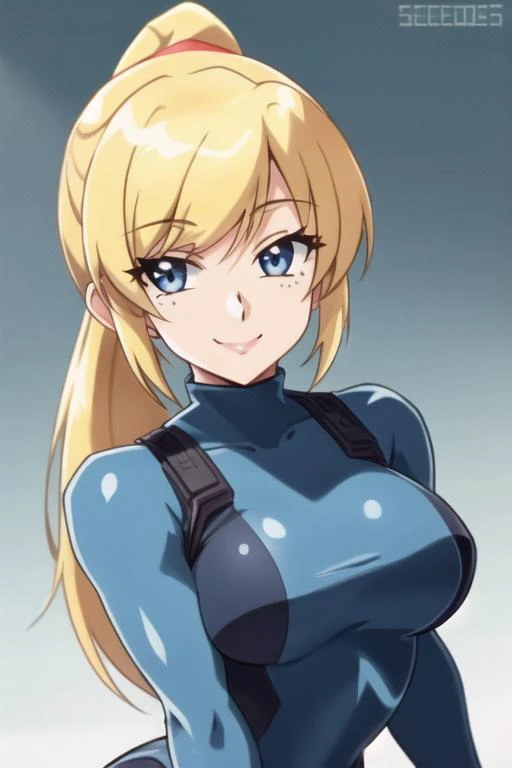 1girl, solo, (highly detailed eyes), detailed face, intricate details, portrait, upper body, samus aran, blonde hair, blue eyes, ponytail, (zero suit), soft lighting, looking at viewer, seductive smile, happy, closed mouth, speedo-19000