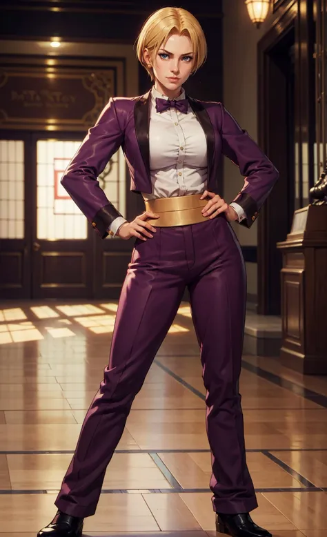 a close up of a woman in a purple suit posing for a picture