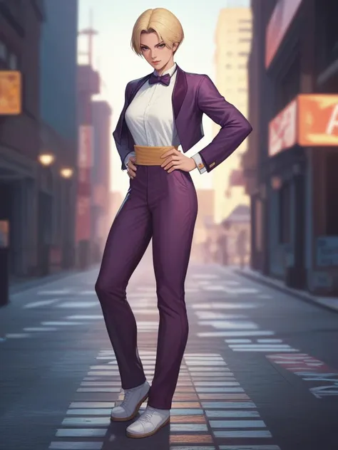 a woman in a purple suit and white shirt standing on a street