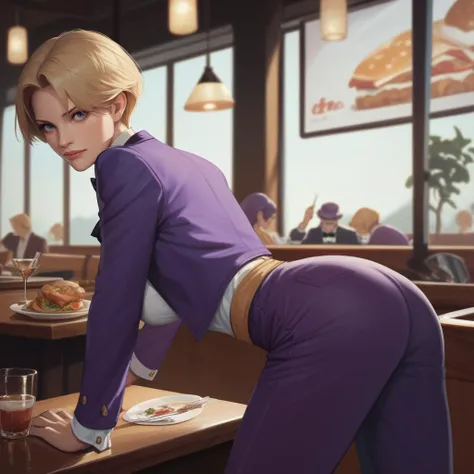 a woman in purple pants leaning over a table with a plate of food