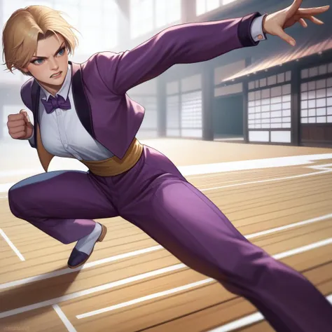 anime character in purple suit running on wooden floor in indoor setting