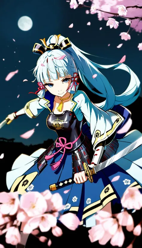 1girl,kamisato ayaka,weapon,solo,sword,moon,ponytail,armor,long hair,holding,blue eyes,holding weapon,looking at viewer,night,bangs,petals,holding sword,breastplate,ribbon,mole under eye,hair ribbon,blunt bangs,full moon,mole,japanese armor,hair ornament,t...