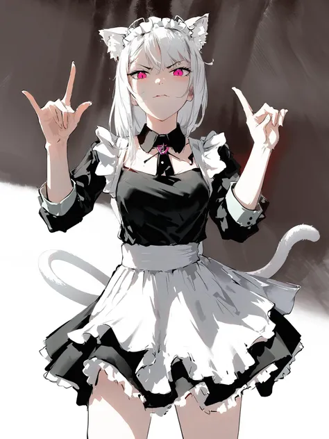 <lora:style26-kohaku-xl:1>,solo, AI artistry, White hair, Cat ears, Maid outfit, Haughty expression, Feminine demon vibes, Scolding posture, Intense gaze, Undeniable aura, Pointing gesture, Devilish smirk, Provocative stance, Tail-end uniform, Contemptuous...