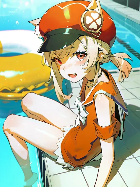 anime girl sitting on the edge of a swimming pool with a hat on