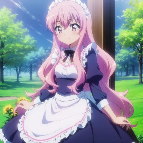 a woman in a maid outfit sitting on a bench in a park