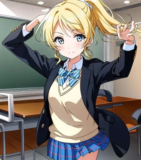 masterpiece, best quality, 1girl, <lora:loveliveEliAyaseEllie_v1:0.5>, long hair, blonde hair, blue eyes, ponytail, school uniforms