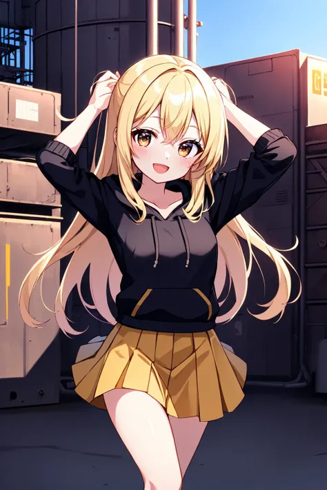 best quality, amazing intricate, cute girl, round eyes, happy, :d, medium breast, 
blonde hair, long hair, , , 
from front, upper body, legs over head, 
high chroma hoodie, golden hour long skirt, 
in an industrial complex