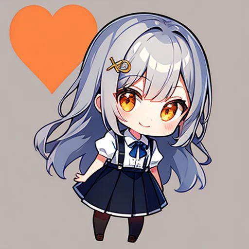 chibi, black bob hair, she wear school uniform, full body, smile, simple background,
1 girl,solo,orange eyes,happy,silver hair, long hair, bangs, hair_ornament, puffy_sleeves, shirt, short_sleeves, suspenders