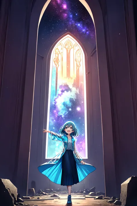 best quality, amazing intricate, cute girl, round eyes, happy, :d, medium breast,
aqua hair, medium hair, , ,
from front, portrait, standing splits,
primary colors transparent raincoat, cosmic nebulae long skirt,
in a ruined church