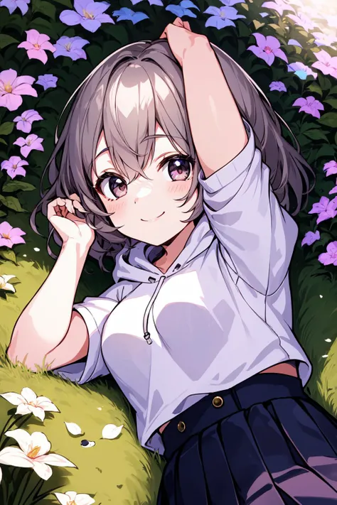 best quality, amazing intricate, cute girl, round eyes, happy, smile, medium breast, 
grey hair, medium hair, , , 
from front, upper body, lying against the ground, hand on head, 
high chroma hoodie, prismatic high-waist skirt, 
in a secret garden