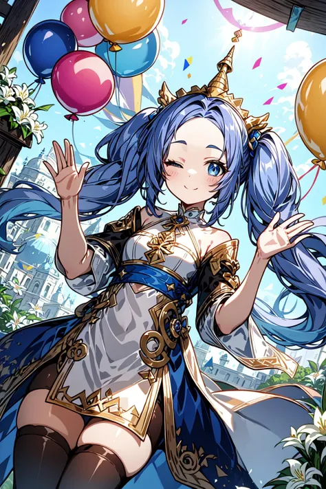 cute little girl, solo, dutch angle, light blue hair, low twintails, blue eyes, one eye closed, small breasts, angel outfits, waving, lily (flower), fantasy town, unicorn cosplay girl, single horn, smile, blue, purple, white, cute pose, balloon, holding s...