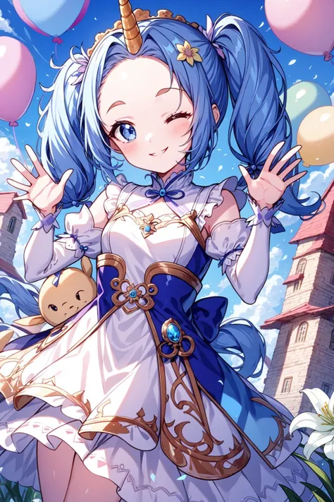 cute little girl, solo, dutch angle, light blue hair, low twintails, blue eyes, one eye closed, small breasts, angel outfits, waving, lily (flower), fantasy town, unicorn cosplay girl, single horn, smile, blue, purple, white, cute pose, balloon, holding s...