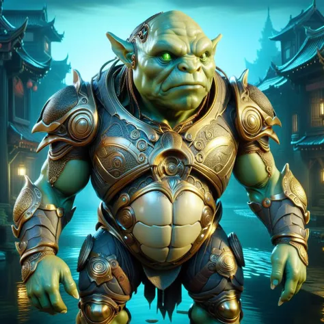 hyper detailed masterpiece, dynamic, awesome quality,ivorygold ogre, water dwelling creature, humanoid appearance with a turtle like shell, webbed hands and feet, mouth located on head, dishl-ike depression on its head holding water, greenish scaly skin, s...