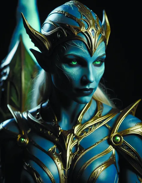 a close up of a woman with blue skin and gold armor