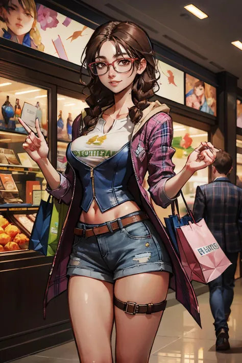 julia chang, brown eyes, glasses, brown hair, twin braids, plaid pink hoodie, print shirt, blue corset, denim shorts, belt, thigh strap, looking at viewer, smiling, standing, inside mall, crowd, holding shopping bags, bright lighting, high quality, masterp...