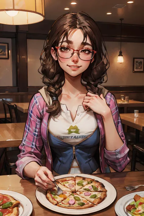 julia chang, brown eyes, glasses, brown hair, twin braids, plaid pink hoodie, print shirt, blue corset, looking at viewer, smiling, happy, blush, sitting, upper body shot, behind a table, inside restaurant, table full of food, pizza, soft lighting, high qu...