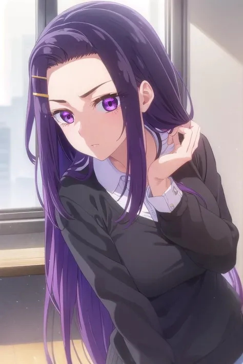 sayuriakino, <lora:sayuri akino s1-lora-nochekaiser:1>,
sayuri akino, long hair, hair ornament, hairclip, purple hair, (purple eyes:1.1), (forehead:1.2),
BREAK shirt, white shirt, collared shirt, sweater, black sweater,
BREAK indoors, classroom,
BREAK look...