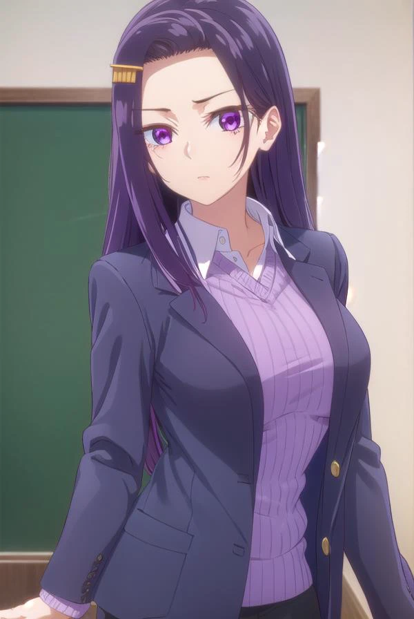 sayuriakino, <lora:sayuri akino s1-lora-nochekaiser:1>,
sayuri akino, long hair, hair ornament, hairclip, purple hair, (purple eyes:1.1), (forehead:1.2),
BREAK shirt, white shirt, collared shirt, sweater, black sweater,
BREAK indoors, classroom,
BREAK look...