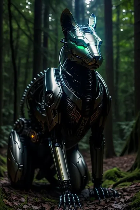 a close up of a robot dog in the woods