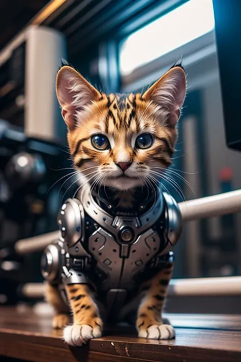 a close up of a cat wearing a metal armor on a desk