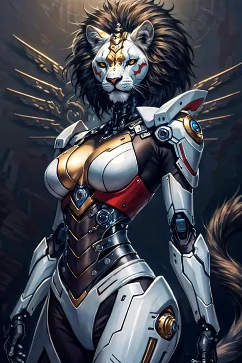 best quality,masterpiece,highres,original,extremely detailed wallpaper,perfect lighting,extremely detailed CG,<lora:add_detail:0.3>,perfect_photography.txt,
<lora:Animal_mecha:0.8>,animal mecha,cyborg,lion face,