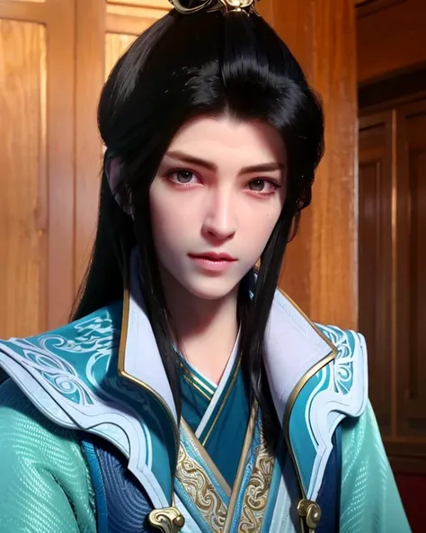 1boy, blue eyes,black hair, best quality, photo, 4k,looking at viewer,upper body,wear chinese clothes,