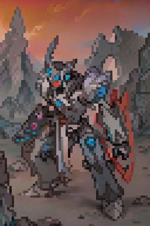 a close up of a pixel art of a robot with a sword