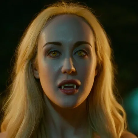 cinematic film still of  <lora:vampire teeth v3:1>
 <lora:Brandi Love:0.55> Brandi Love
A pale skin white woman with vampire teeth staring at camera with reflective eyes and golden yellow hair at night outdoors, shallow depth of field, vignette, highly det...