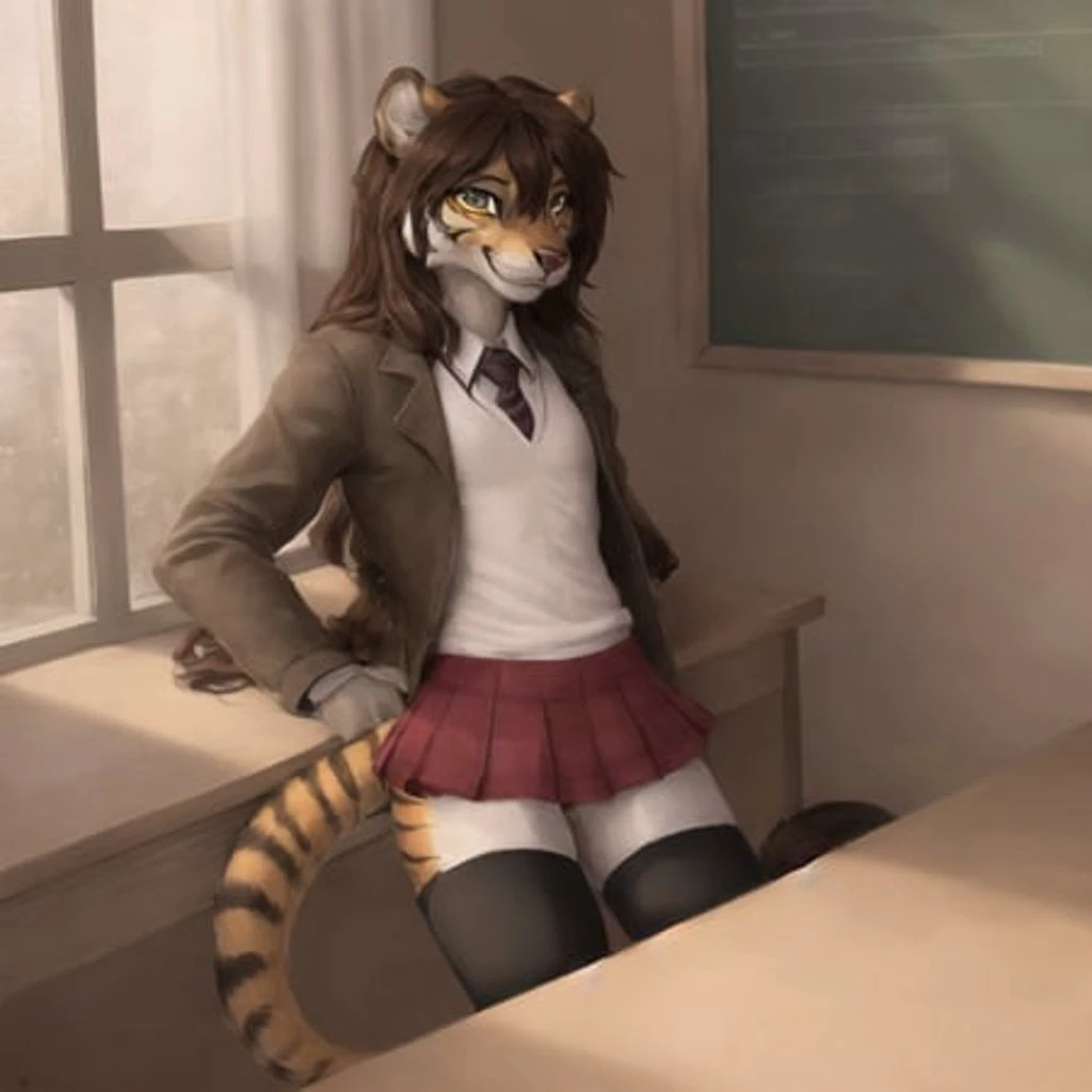 no humans, digital art, solo, upper body,  very long hair, tiger furry,anthro,fursona, school uniform, sfw