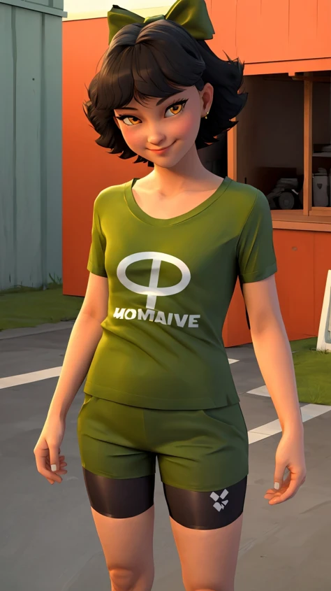 a close up of a woman in a green shirt and shorts