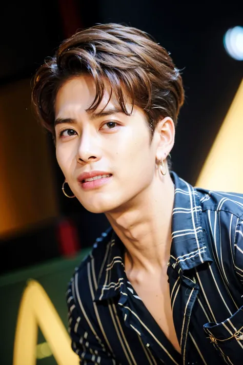 male, handsome, brown hair, earrings, (photorealistic:1.4), best quality, masterpiece, photography, stand-up comedy viewers looked at the stage with smile
<lora:jackson:0.8>